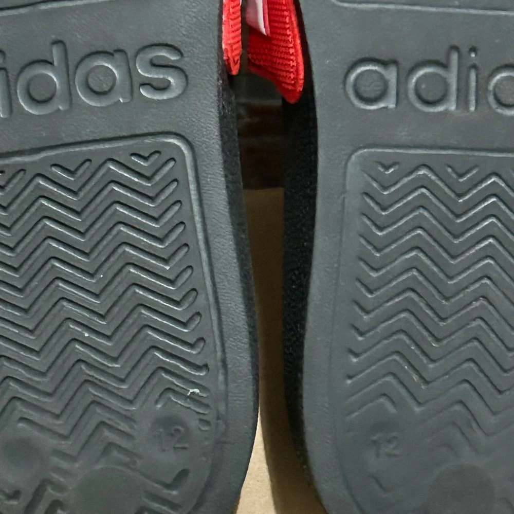 Adidas little boys slides, red w/3 stripe white like new preowned size US 12